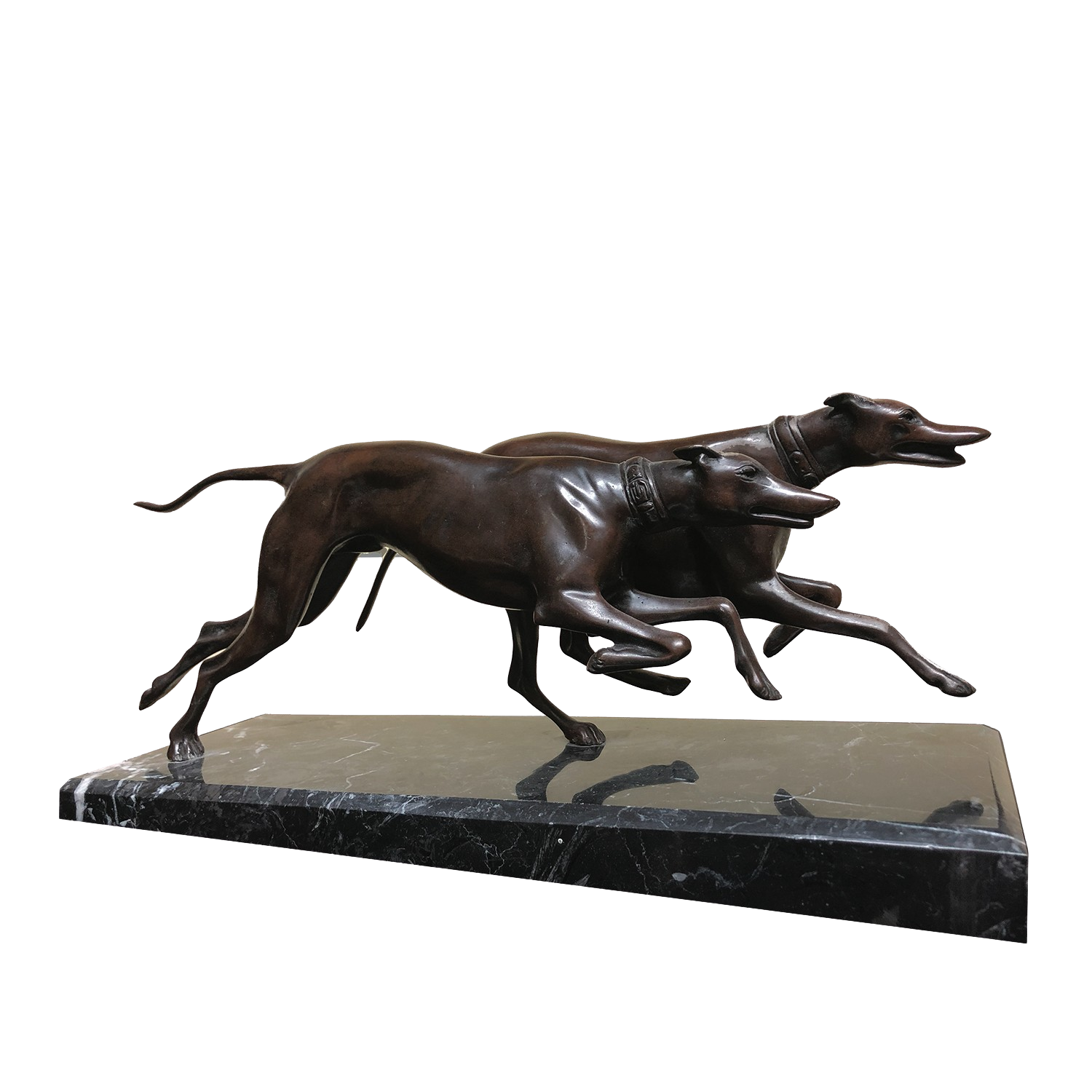 Bronzefigur PAAR LAUFENDE WINDHUNDE auf Steinsockel