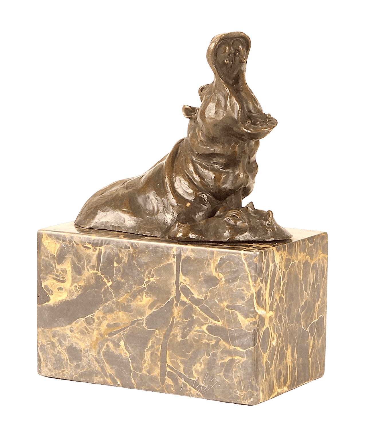 Bronzefigur BADENDE NILPFERDE auf Steinsockel, Flusspferde