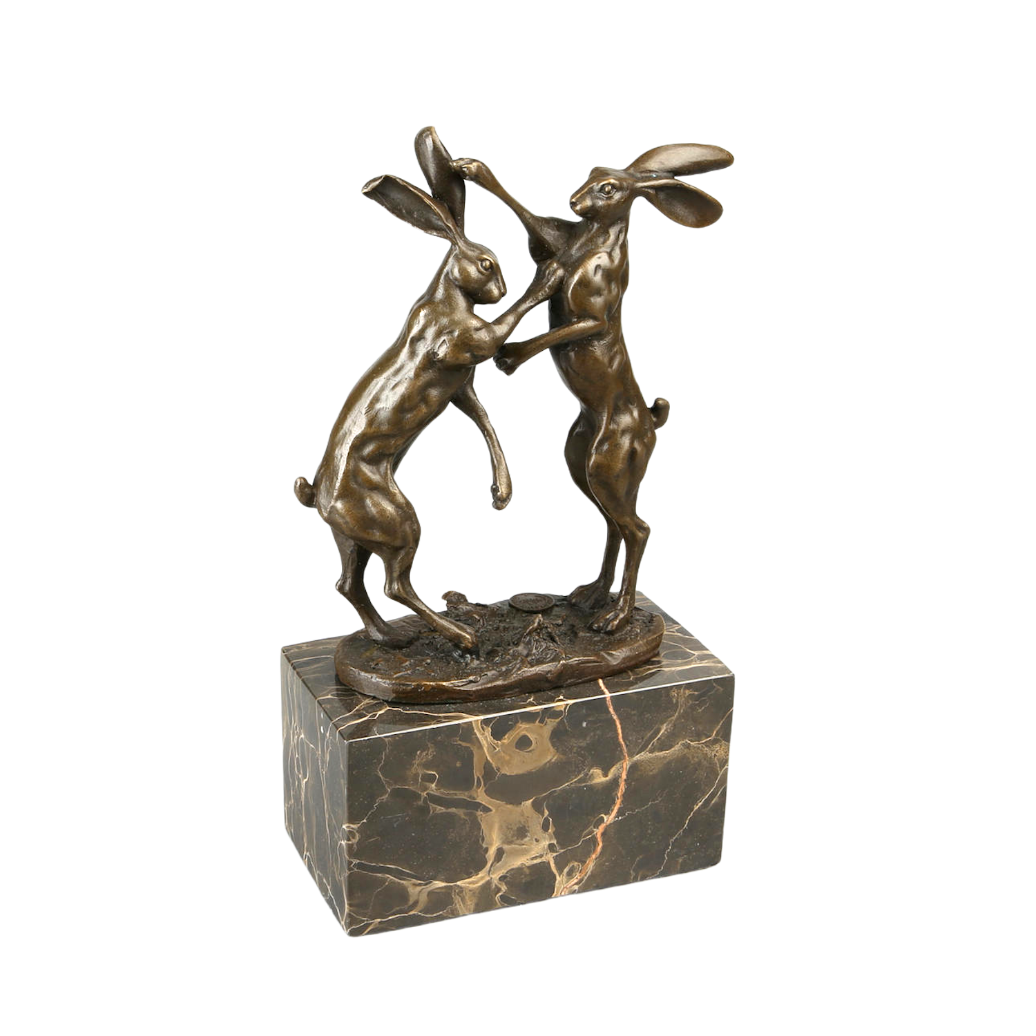Bronzefigur BOXENDE FELDHASEN auf Steinsockel 24 cm
