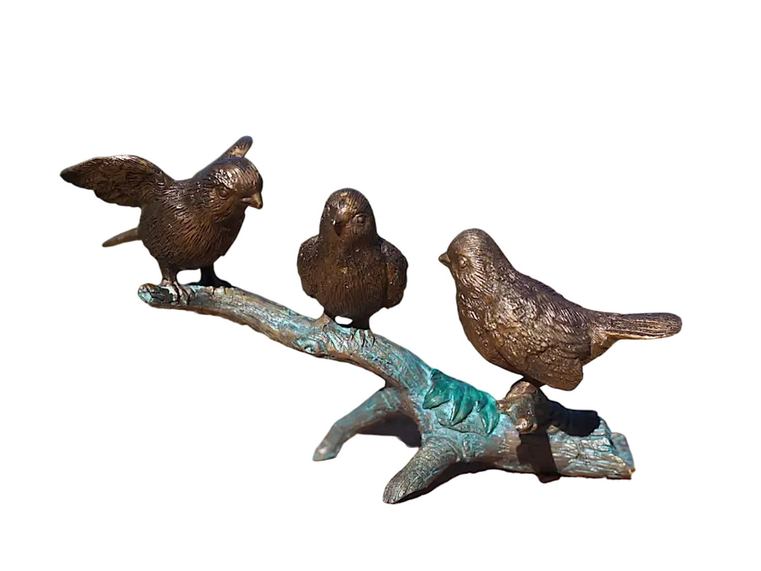 Bronzefigur Vogelpaar DREI SPATZEN AUF AST 2, 24 cm