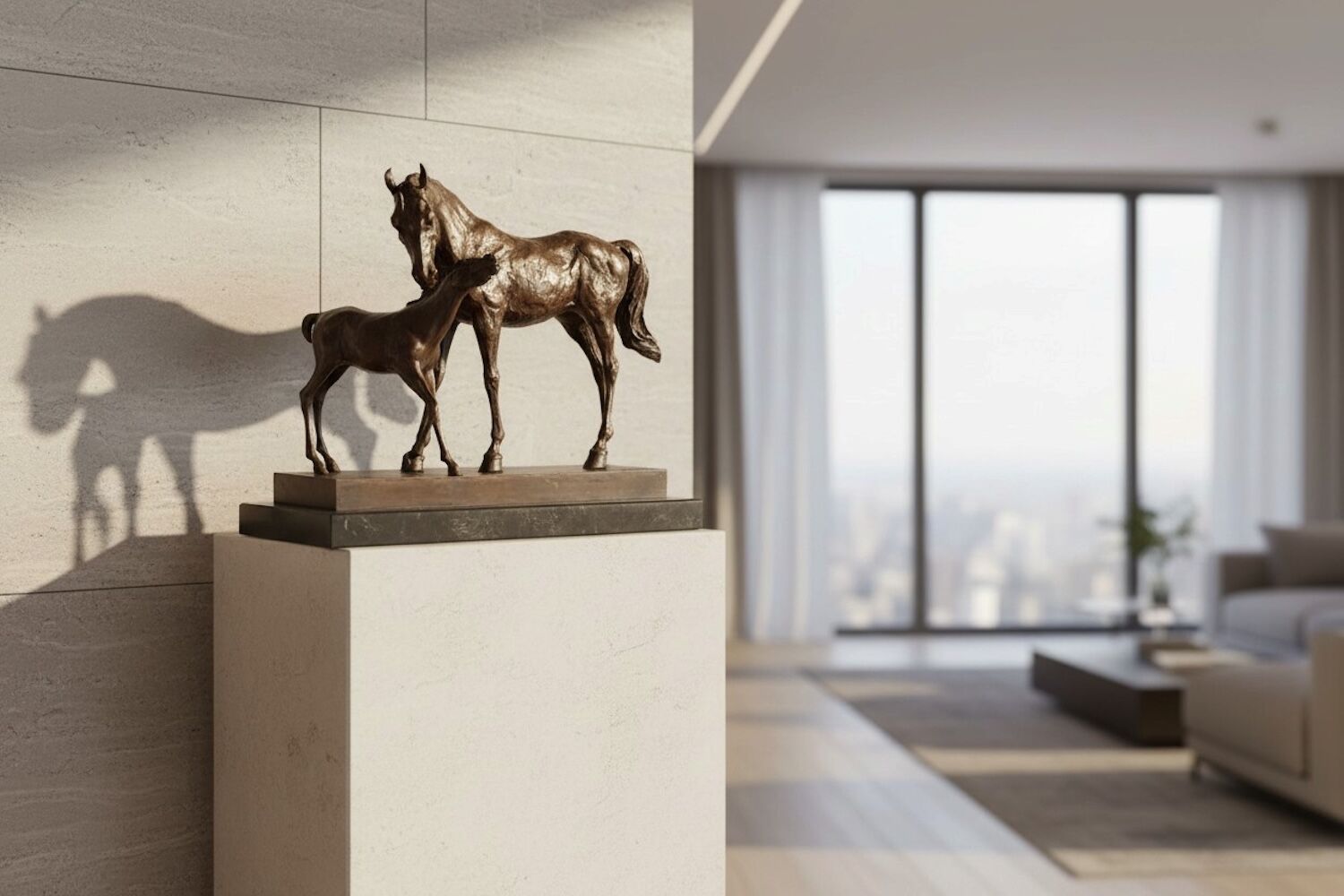 Bronzefigur PFERDEMUTTER mit FOHLEN auf Steinpodest, 42 cm