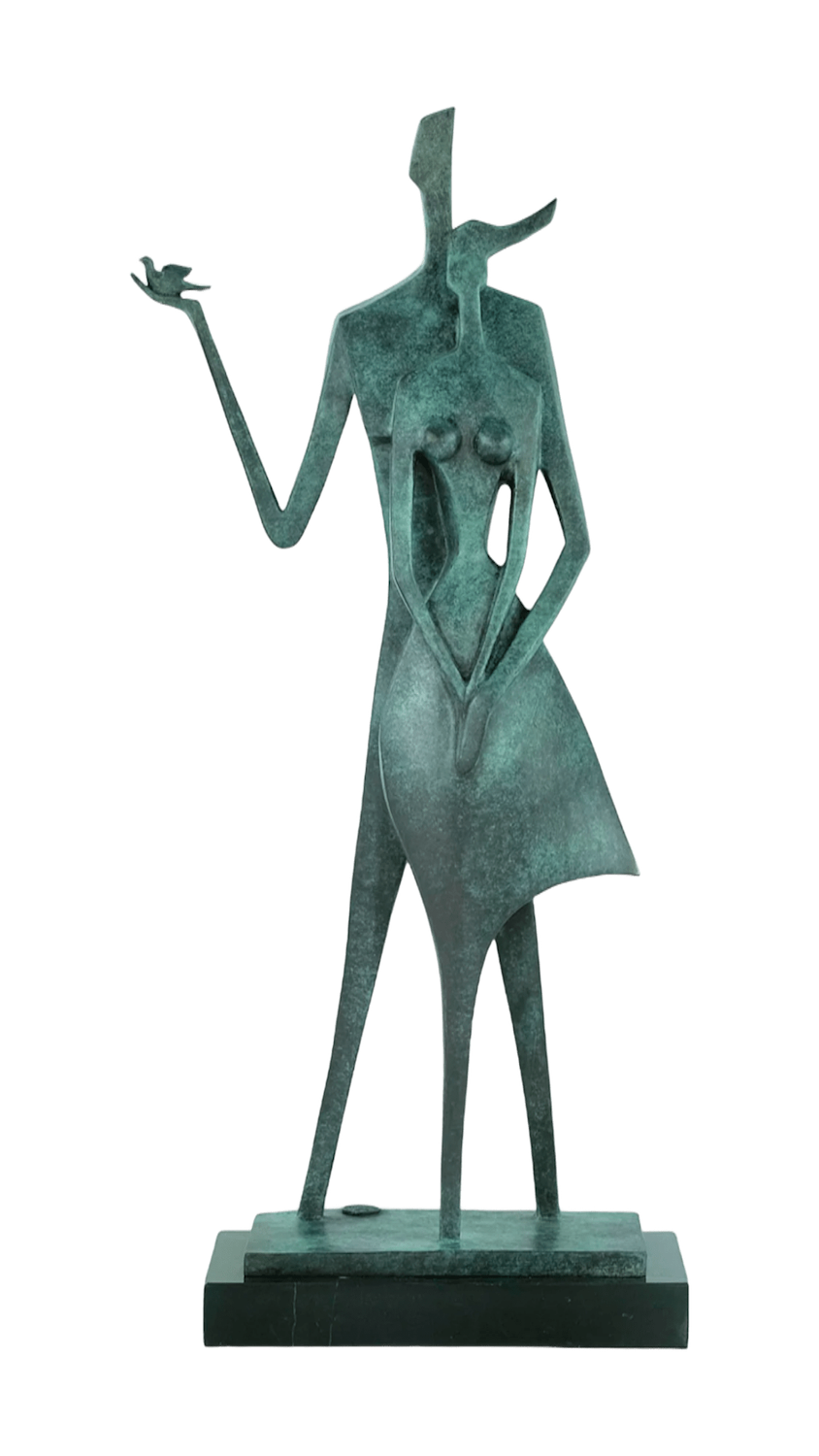 Bronzefigur PAAR MIT TAUBE auf Steinsockel, 45 cm