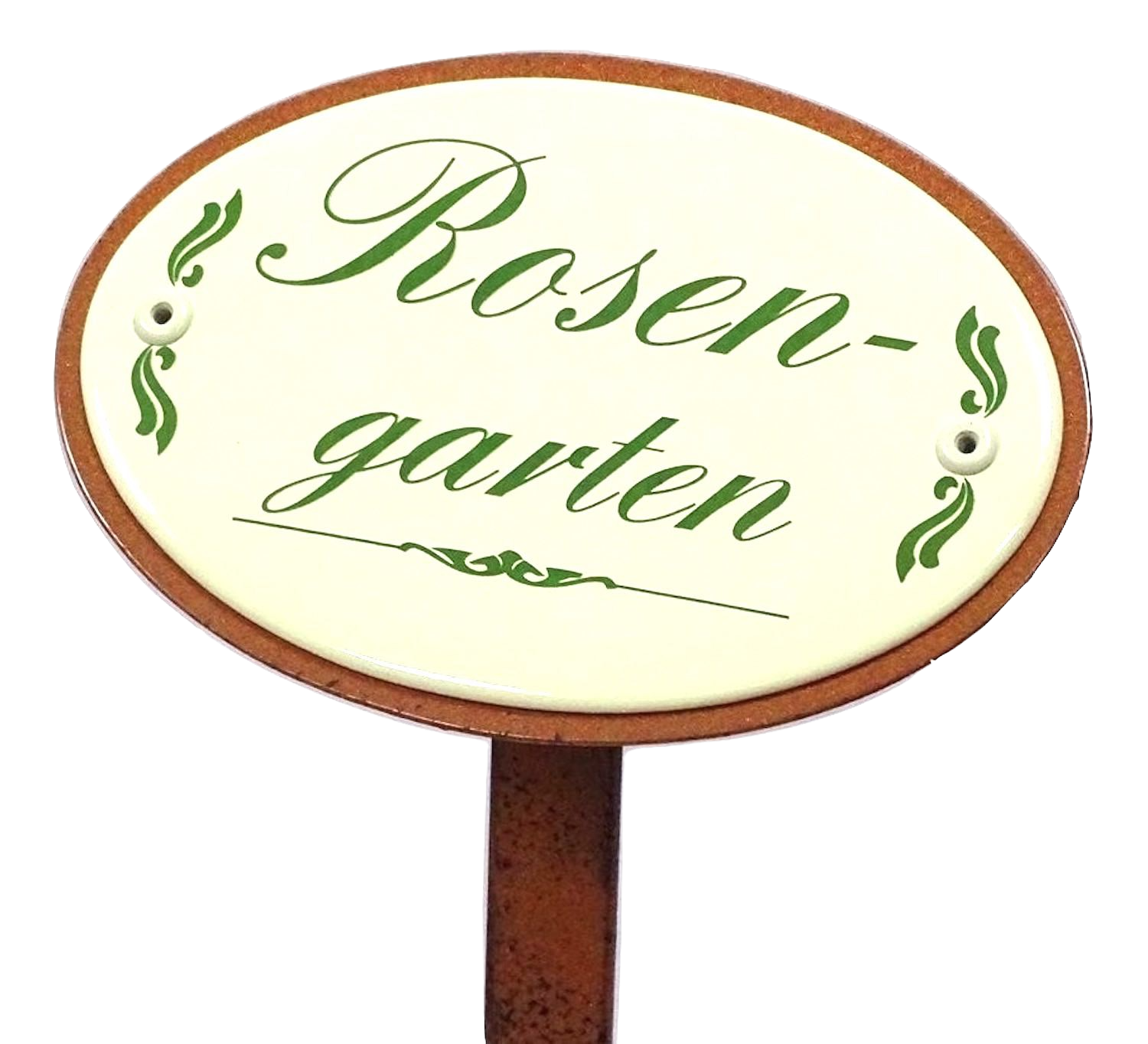 Emailleschild ROSENGARTEN mit Erdspieß