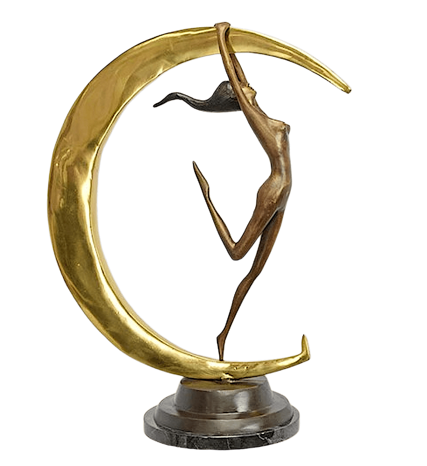 Bronzefigur MONA IN MONDSICHEL auf Steinpodest