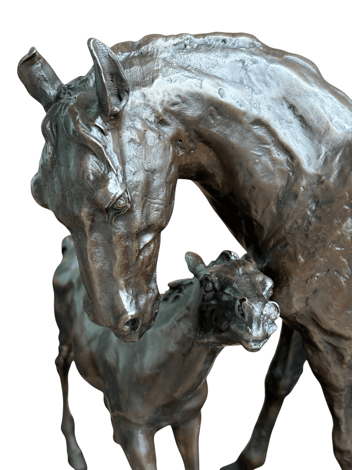 Bronzefigur PFERDEMUTTER mit FOHLEN auf Steinpodest, 42 cm