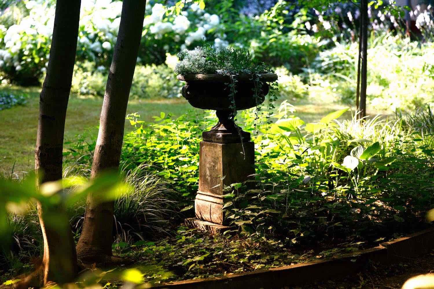 Potsdam: Steinschale EDWARD auf Podest HENRY in verwunschenem Garten. Potsdam: Steinschale EDWARD auf Podest HENRY in verwunschenem Garten.