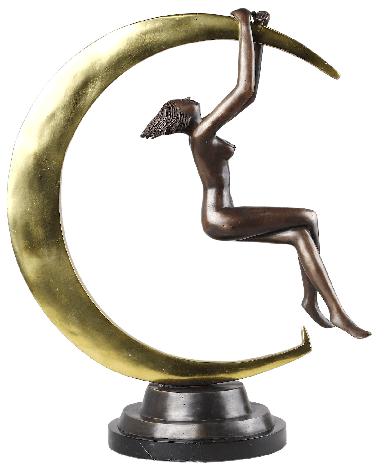 Bronzefigur MINNA IN MONDSICHEL auf Steinpodest