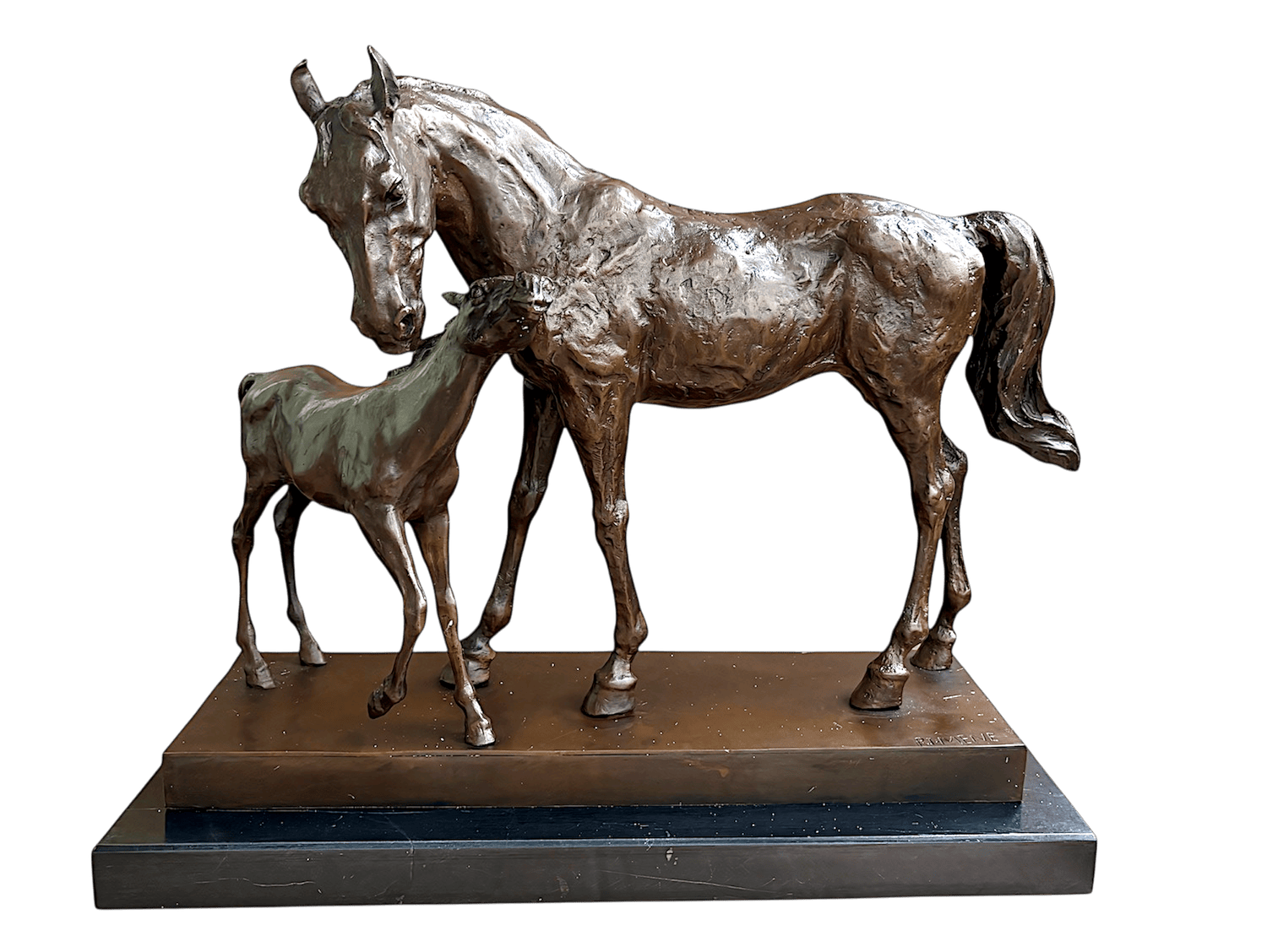 Bronzefigur PFERDEMUTTER mit FOHLEN auf Steinpodest, 42 cm