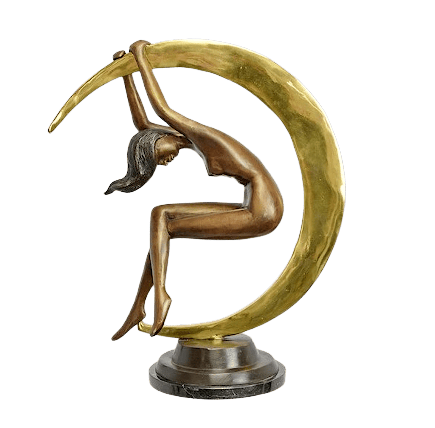 Bronzefigur MARA IN MONDSICHEL auf Steinpodest