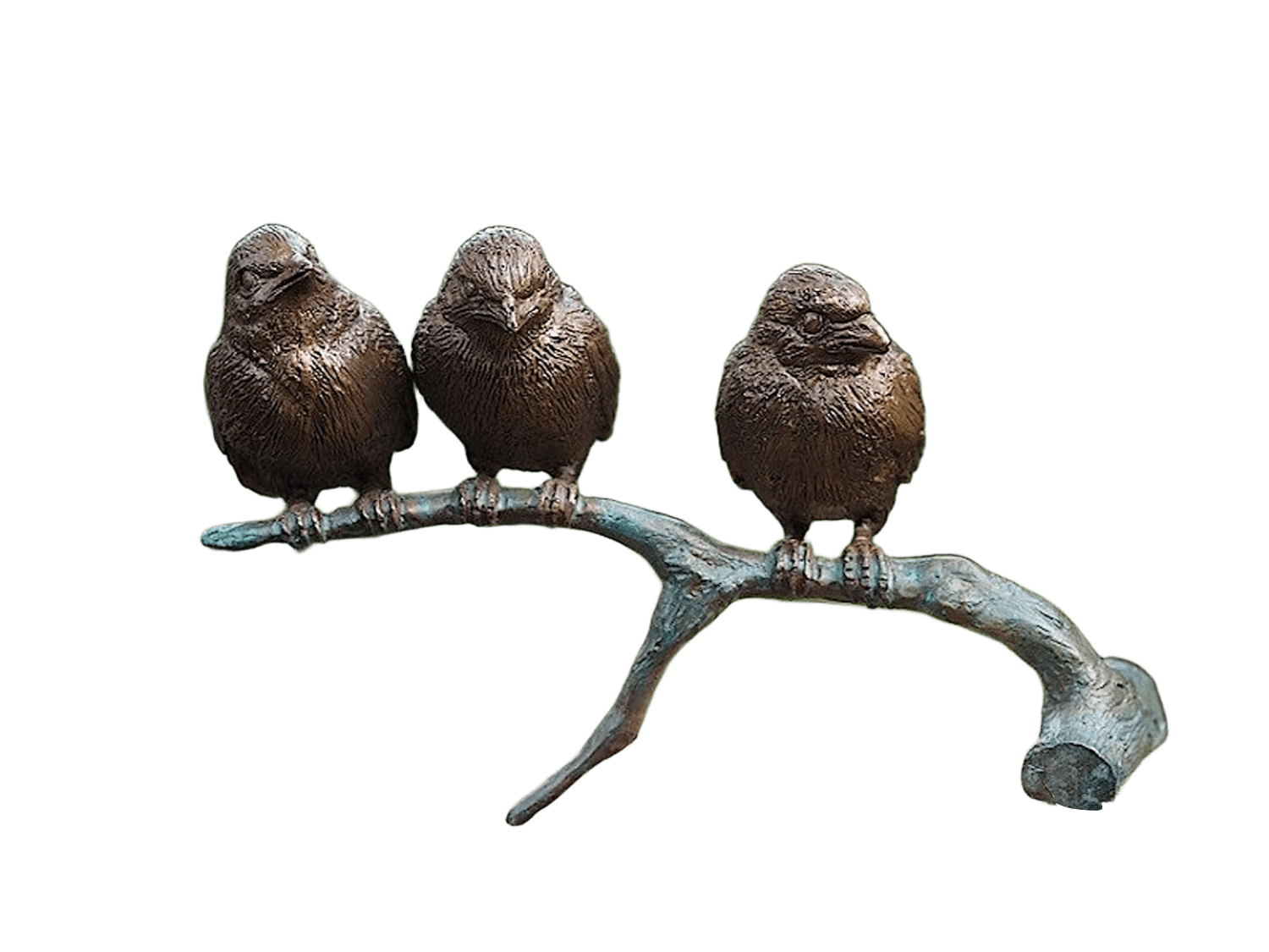 Bronzefigur Vogelpaar DREI SPATZEN AUF AST