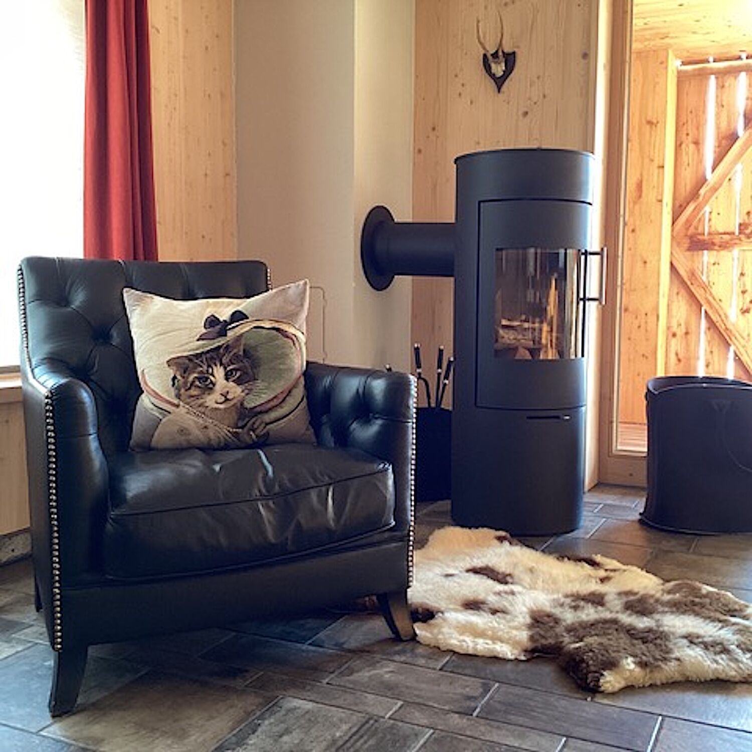 Gobelinkissen Lutex KATZENDAME  MIT HUT Schwarze Schleife, 48 x 48 cm