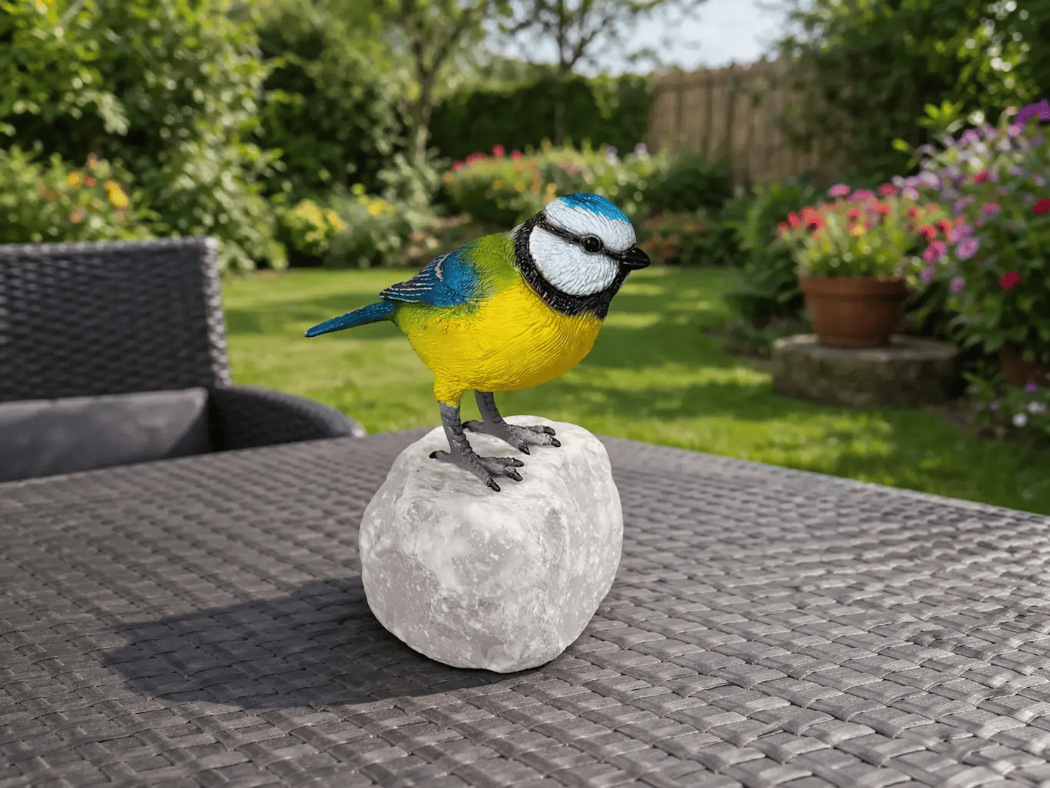 Bronzefigur Vogel Blaumeise AZULO auf Steinsockel Bronzeplastik