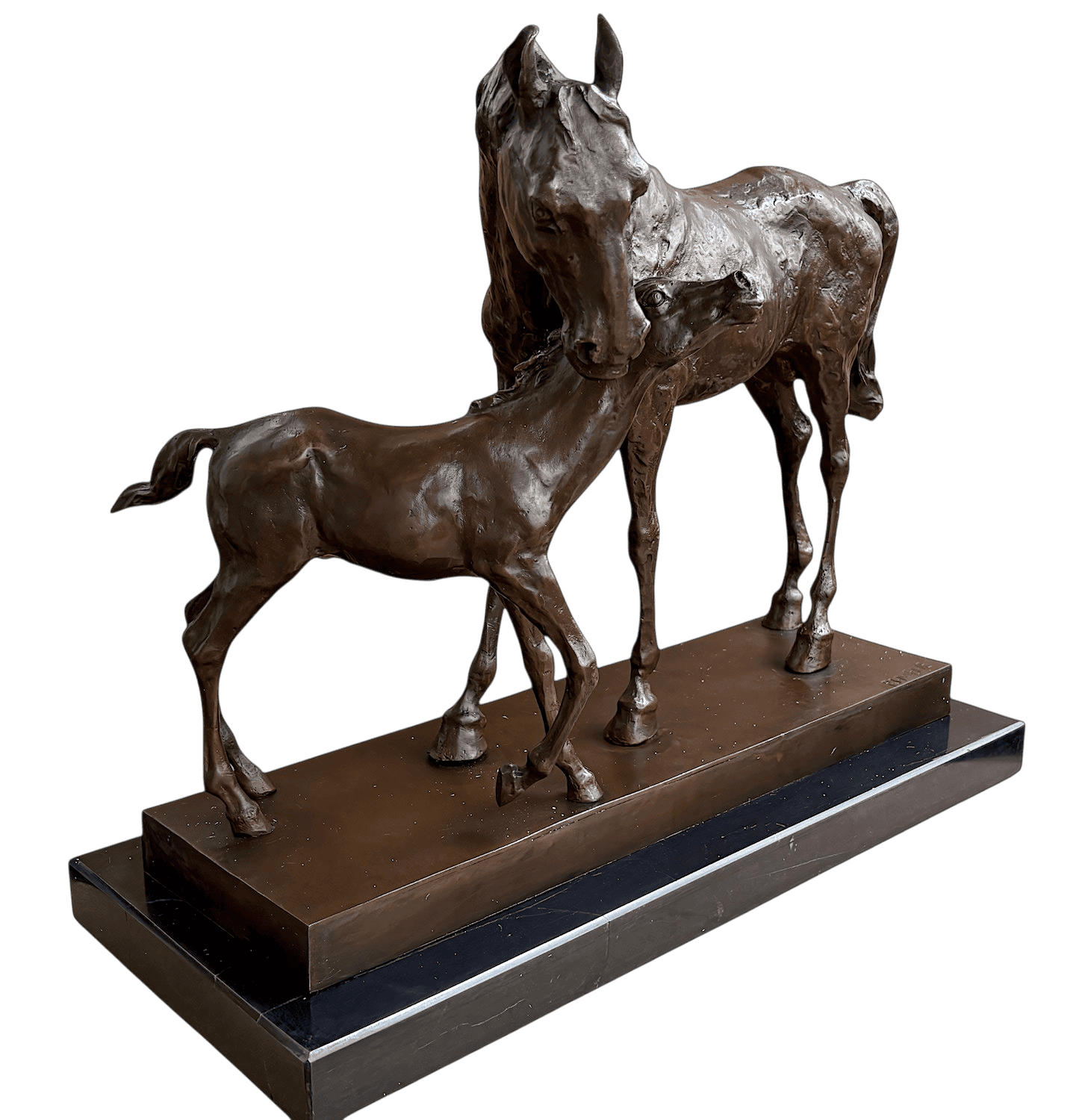 Bronzefigur PFERDEMUTTER mit FOHLEN auf Steinpodest, 42 cm