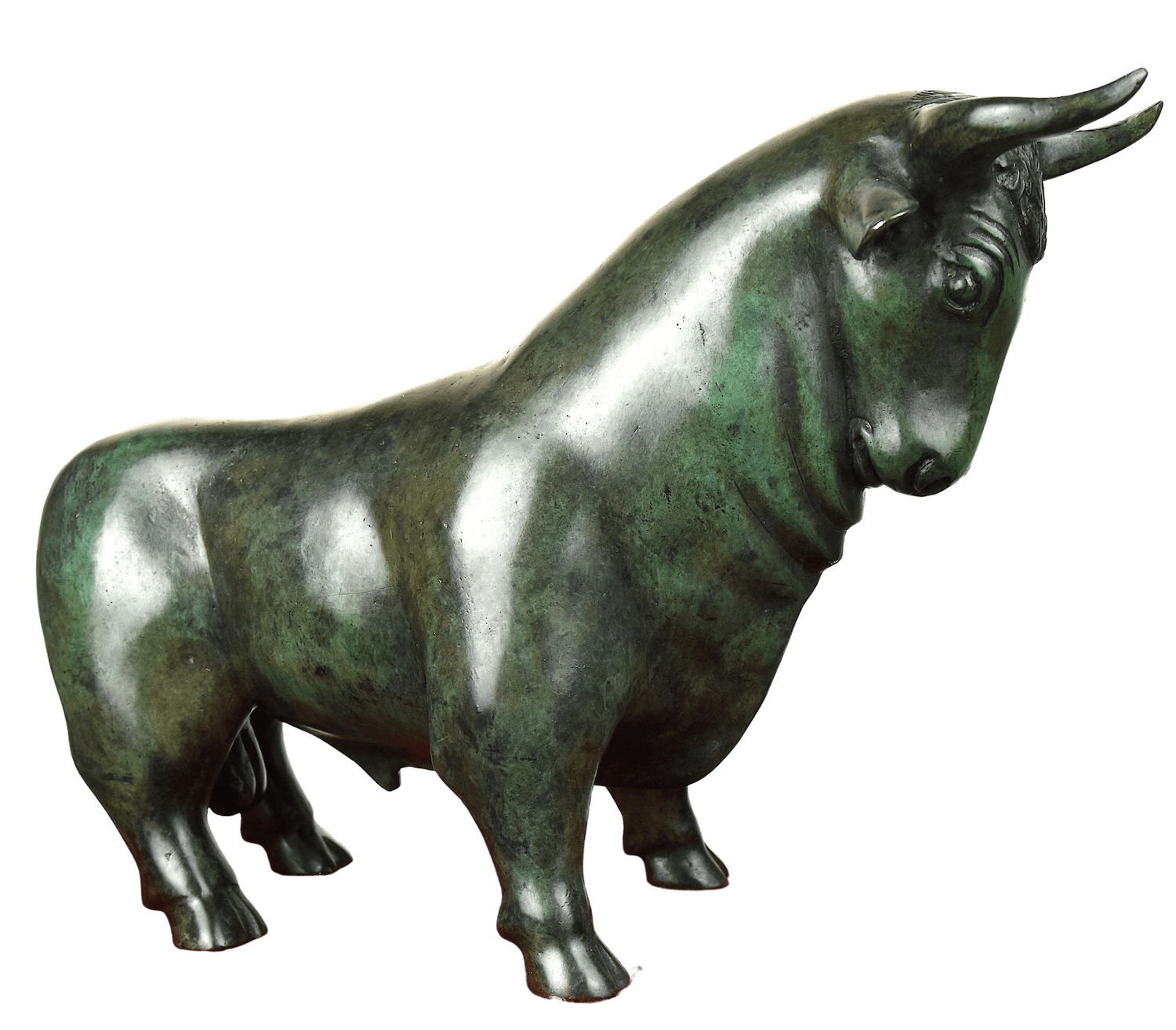 Bronzefigur BÖRSENBULLE grün groß 38 cm