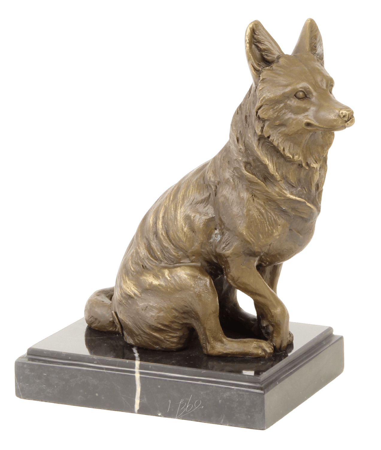 Bronzefigur Schäferhund GARY sitzend auf Steinpodest