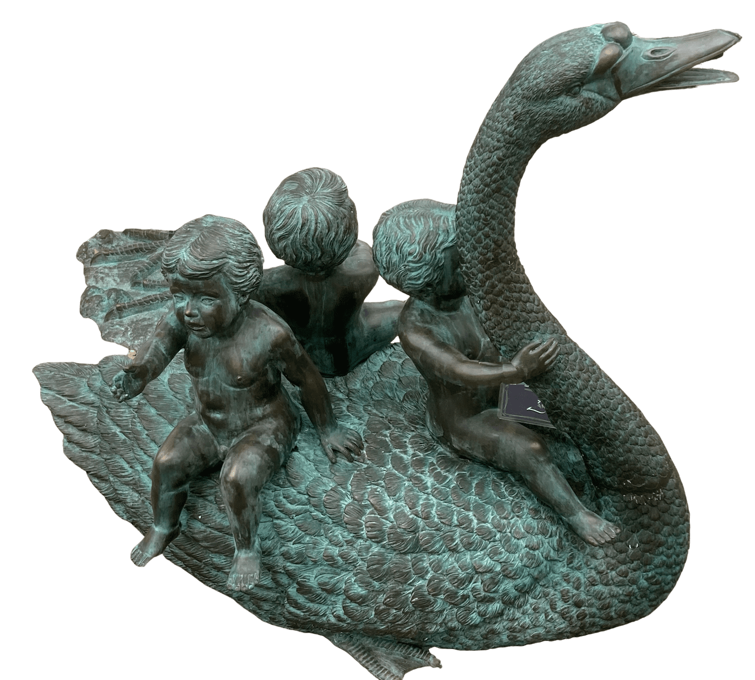 Bronzewasserspeier DREI KINDER AUF EINEM SCHWAN, 90 cm