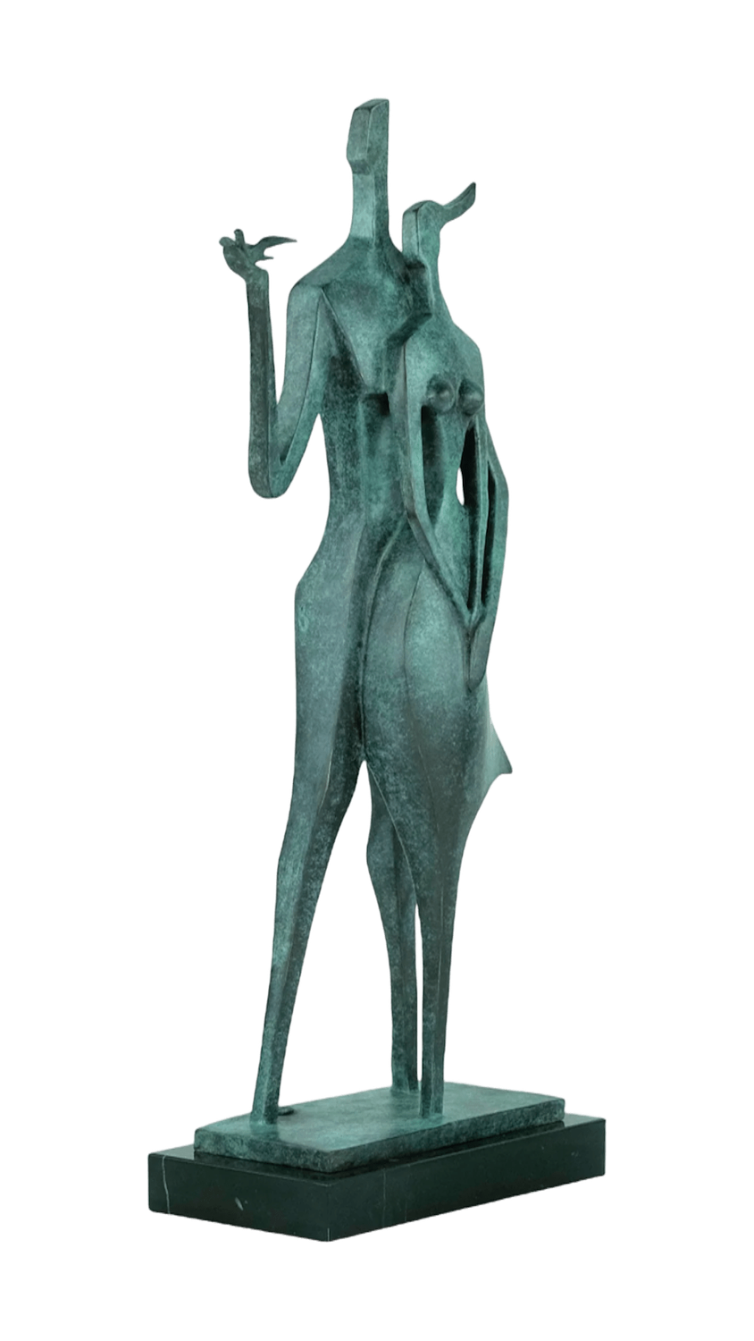 Bronzefigur PAAR MIT TAUBE auf Steinsockel, 45 cm