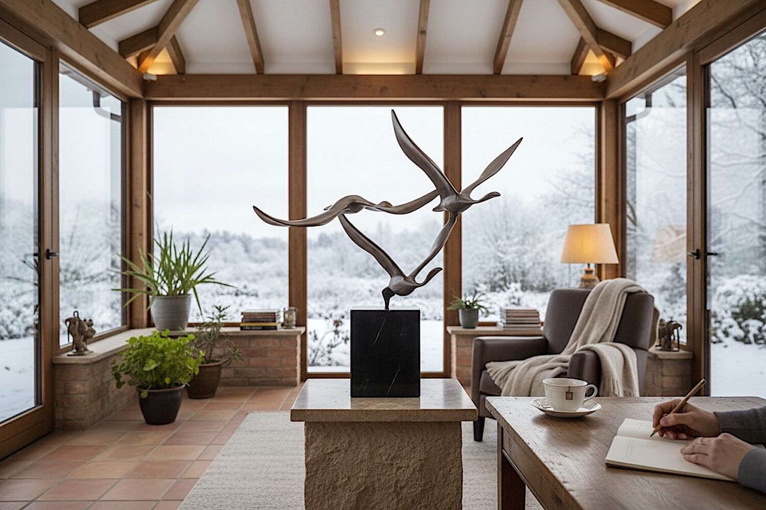 Bronzefigur Vogel Gans DREI FLIEGENDE GÄNSE, 60 cm