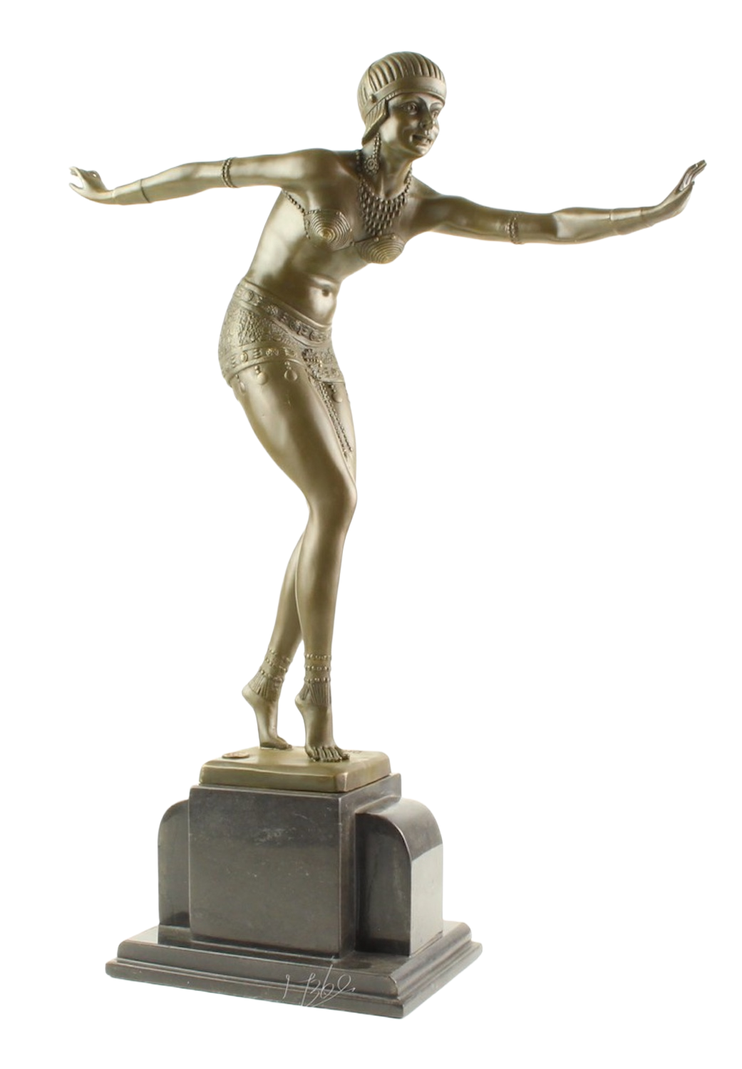 Bronzefigur PHÖNIZISCHE TÄNZERIN nach Demétre Chiparus auf Steinpodest