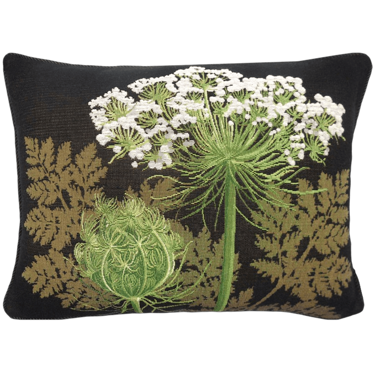 Gobelinkissen Lutex WILDE MÖHRE Schwarz, weiße Blüten, schmal, 37x48 cm