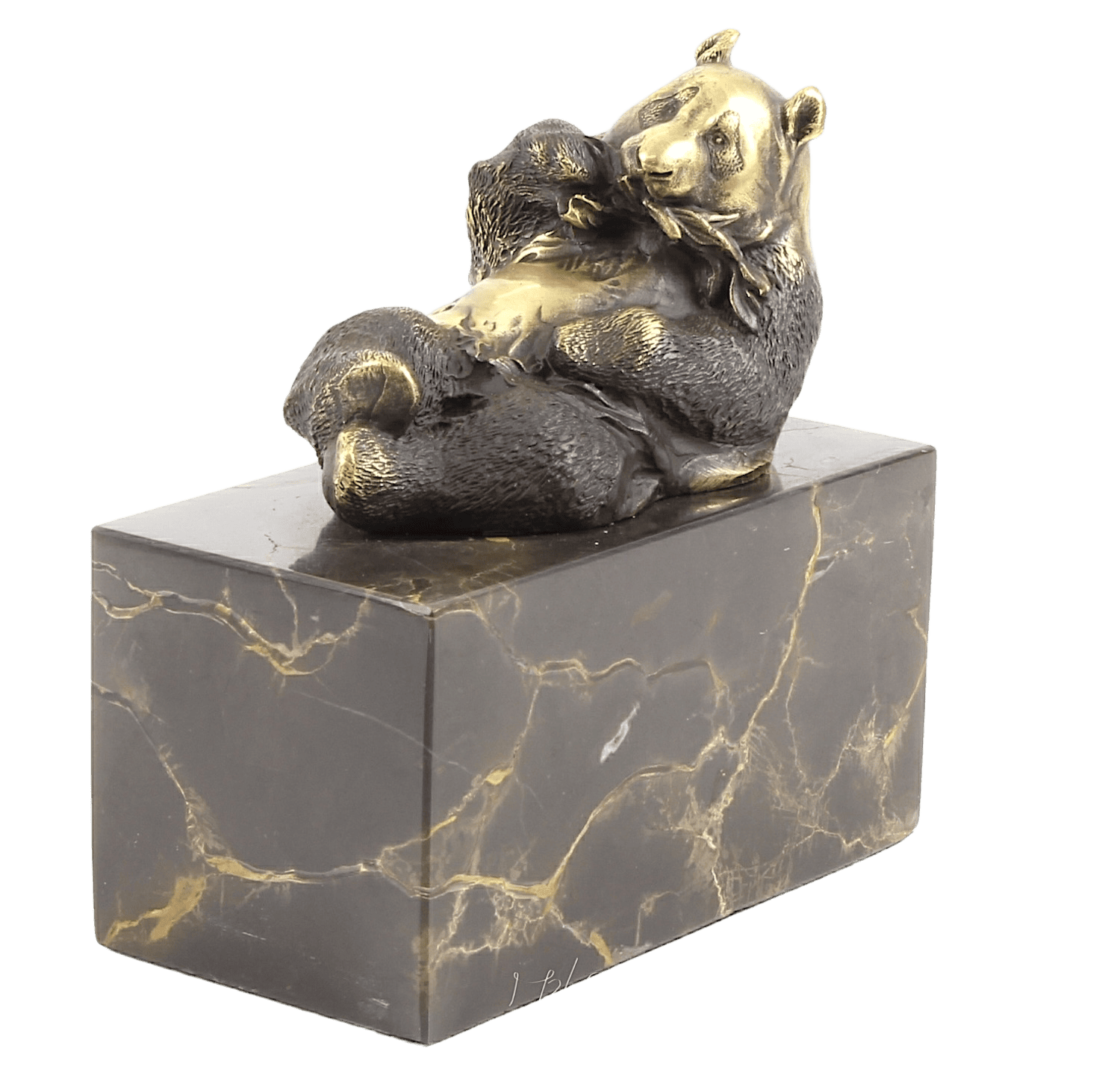 Bronzefigur Bär PANDA FRISST BAMBUS auf Steinsockel