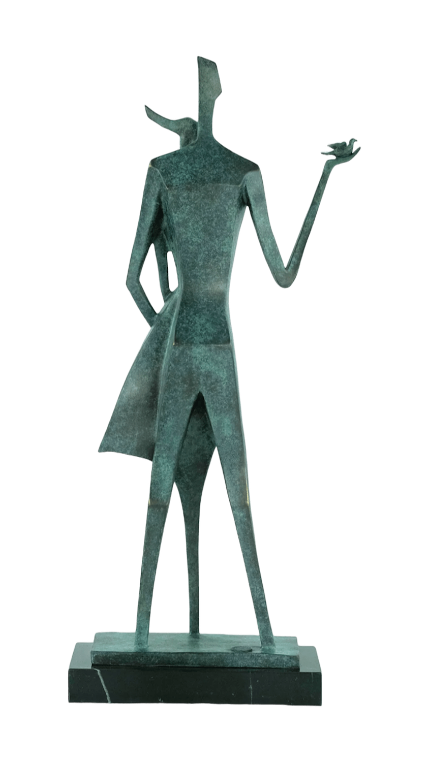 Bronzefigur PAAR MIT TAUBE auf Steinsockel, 45 cm
